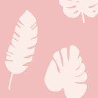 Pink leafy patterned wallpaper in living room with grey sofa and cheese plant