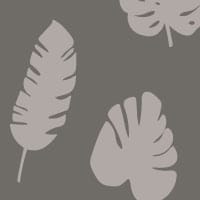 Grey leafy patterned wallpaper in living room with grey sofa and cheese plant