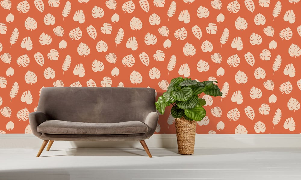 Medium scale leaf wallpaper in orange