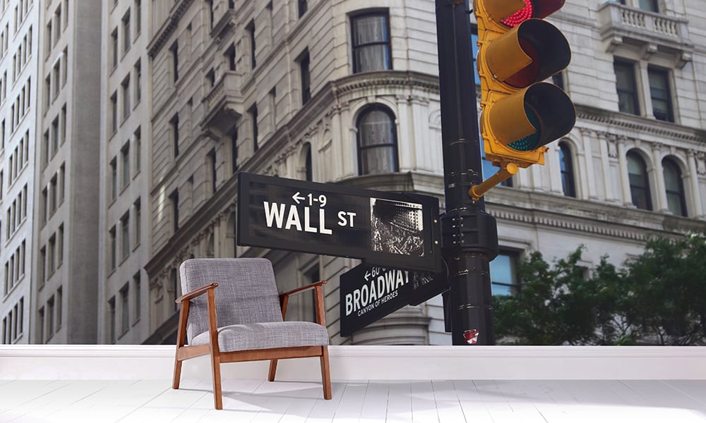 Wall street NYC wall mural in a contemporary living room