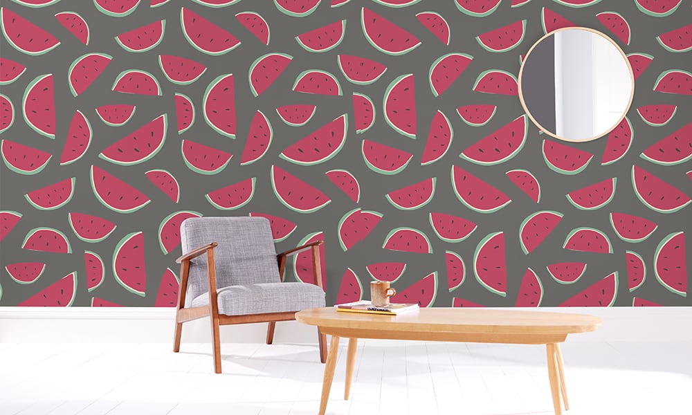 Watermelon wallpaper in a medium size red artwork against deep grey background