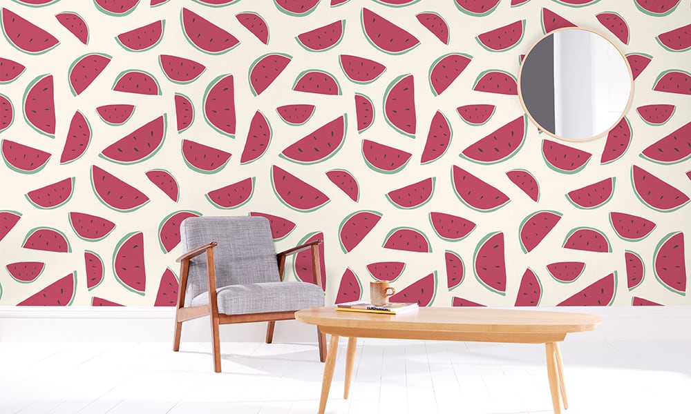 Medium scale red watermelon wallpaper design on neutral background