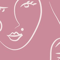 White faces pattern on pink background wallpaper situated in bedroom setting