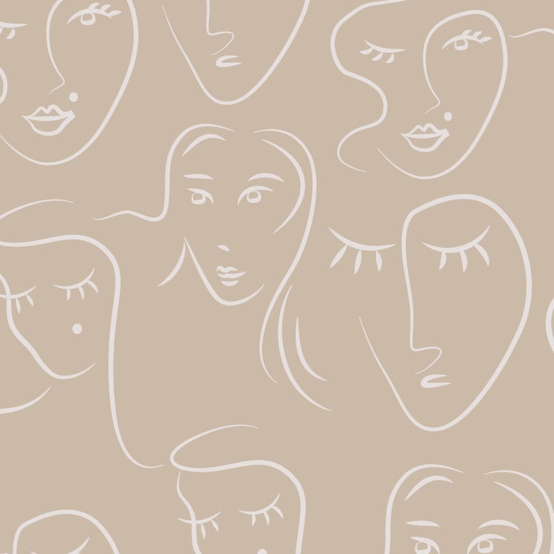 White faces pattern on neutral background wallpaper situated in bedroom setting