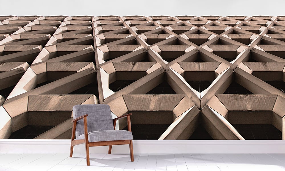 Brutalism themed Welbeck Street car park wall mural in a living room